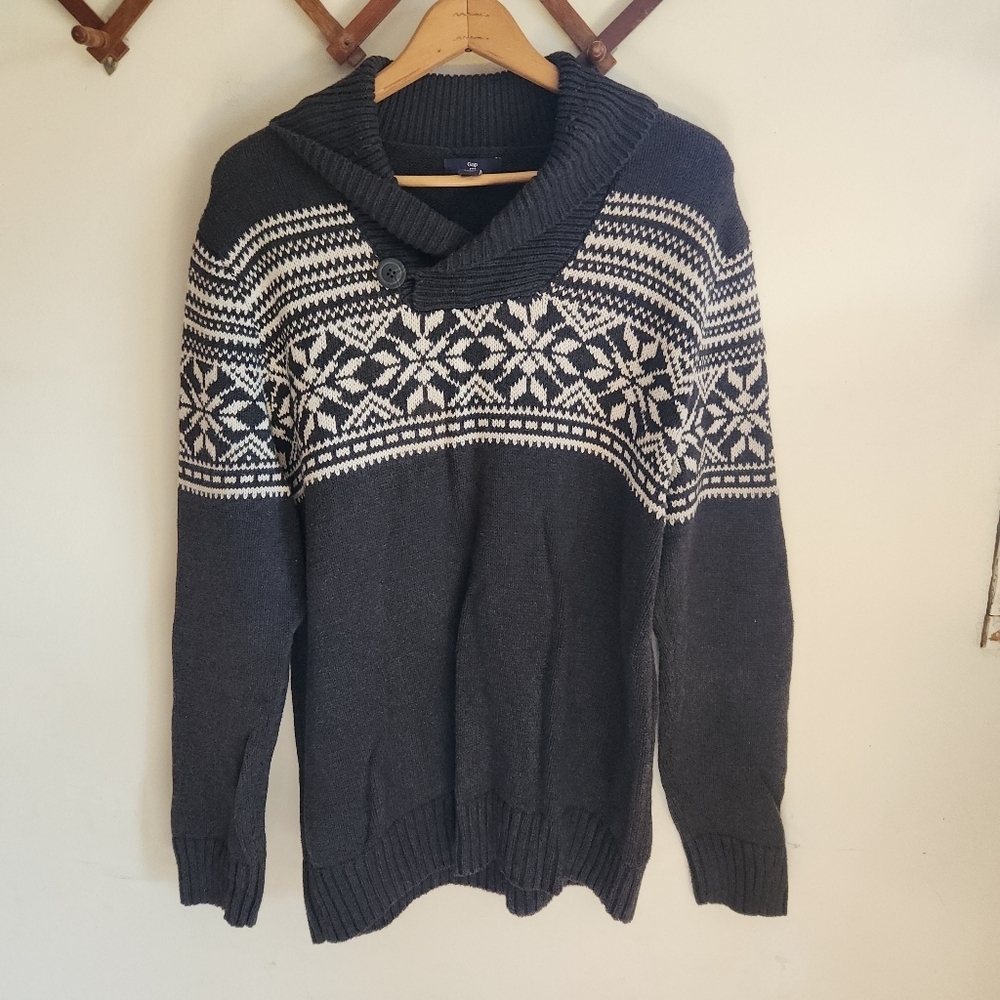 Gap Sweater Fair Isle Gray White Heavy Cotton Large L